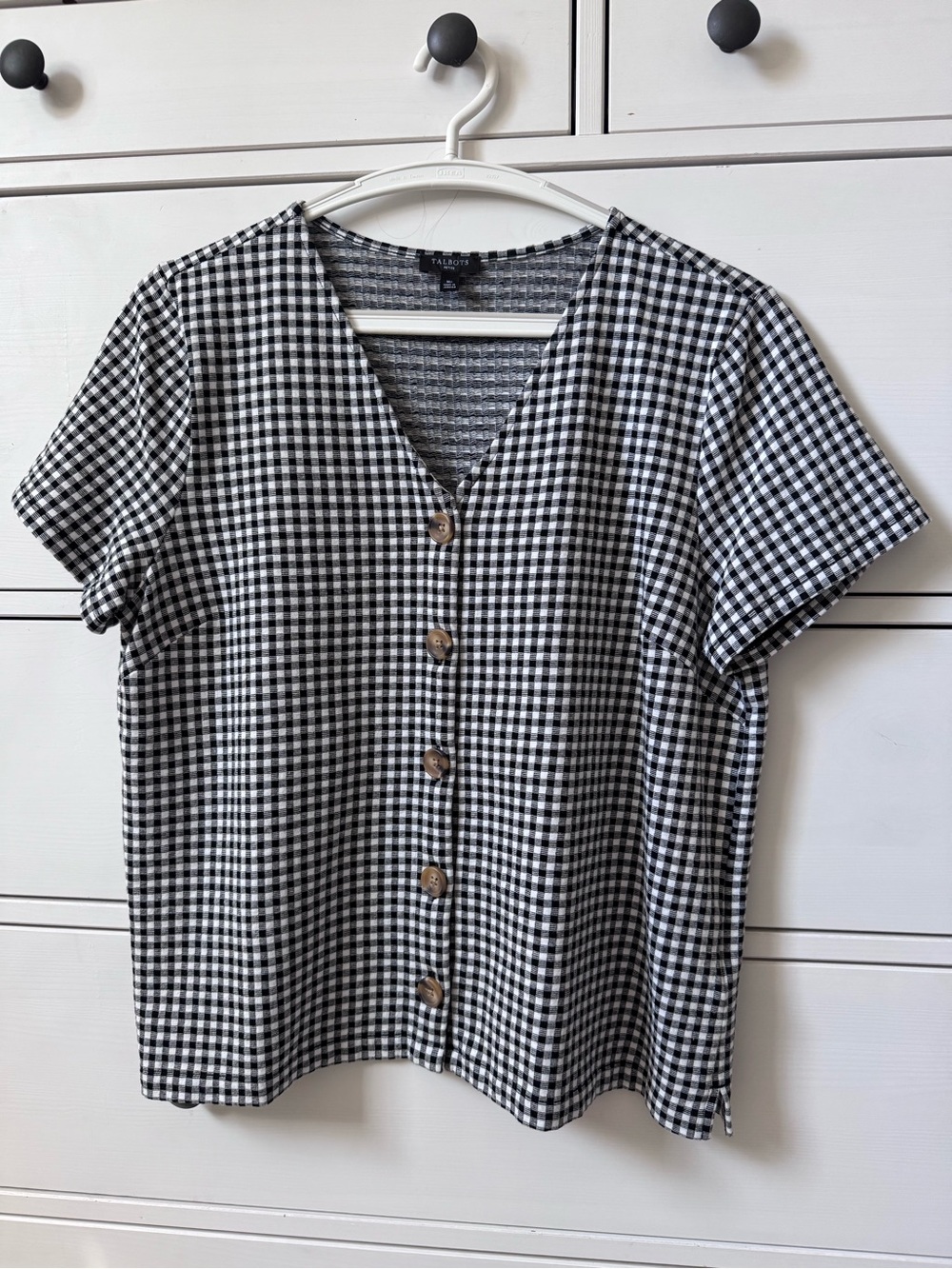 Talbots Black & White Gingham Button-Front V-Neck Top Medium Petite
